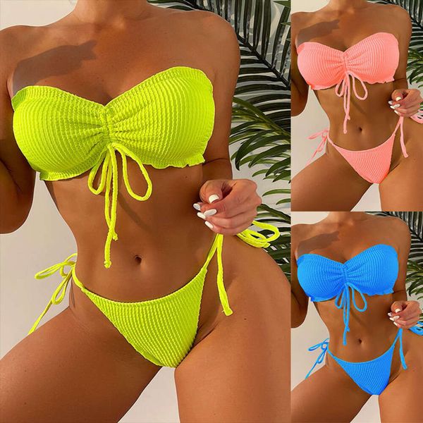 Maillot de bain sans bretelles avec nœud papillon, fendu, taille haute, bikini à trois points, printemps chaud