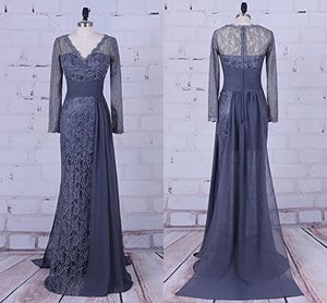 Sexy sirène gris mère de la mariée robes de grande taille avec manches longues pas cher col en V dentelle perlée soirée robe formelle robes dos creux