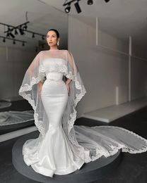 Vestidos de sirena sin tirantes para la novia Apliques Satin Wedding Dress Rata de Mariee Gowns con velo con velo