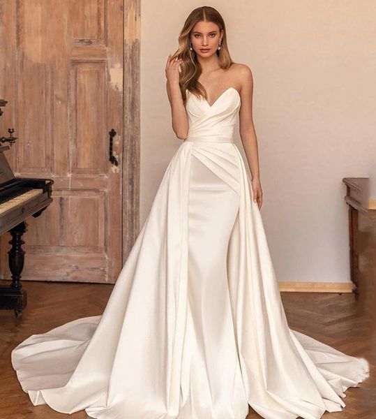 Vestidos de novia de sirena sin tirantes con vestidos de novia con tren de tren desmontable Vestido de novia de tamaño grande para mujeres