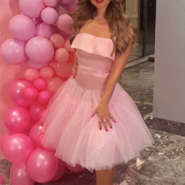 Vestido de noche musulmana sin tirantes cortos una línea rosa satén satin foly gown para mujeres