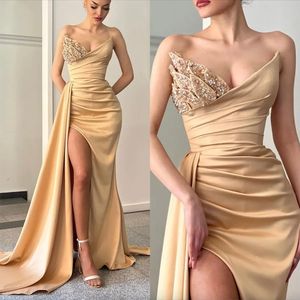 Strapless prom -jurken High Split Sequins v Neck Satin Champagne Party Dress Sweep Train jurken voor speciale gelegenheden