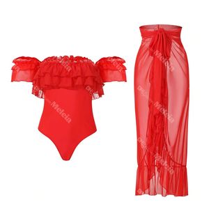 Strapless Red Swimwear Personality Mesh -jurken voor Lady Gededed Swimsuit Damesontwerper Bikini Beach Dress