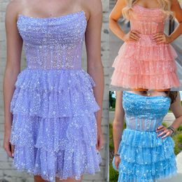 Strapless ruche cocktailjurk 2K24 Pearls Sequins Corset Junior Homecoming Prom Pageant Formele evenementenfeest Runway Black-Tie Gala Hoco Jurk Blush Lilac Light Blue