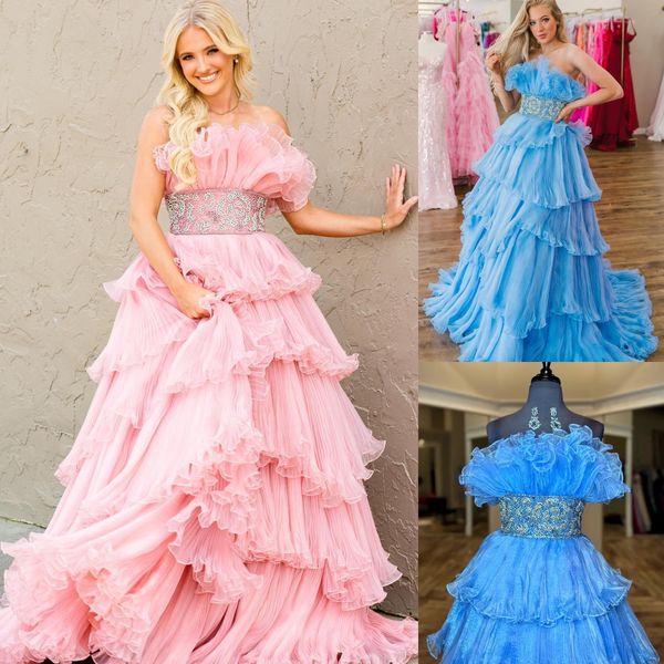 Vestido de fiesta con volantes sin tirantes 2k24 Ballgown Layered Voluminous Crystals Empire Periwinkle Lady Pageant Evento de noche formal Fiesta Runway Black-Tie Gala Quince Rose