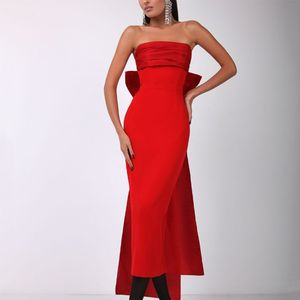 Strapless Sheath Muslim Avond Jurk Long Red Crepe Formele Party Prom -jurk voor vrouwen