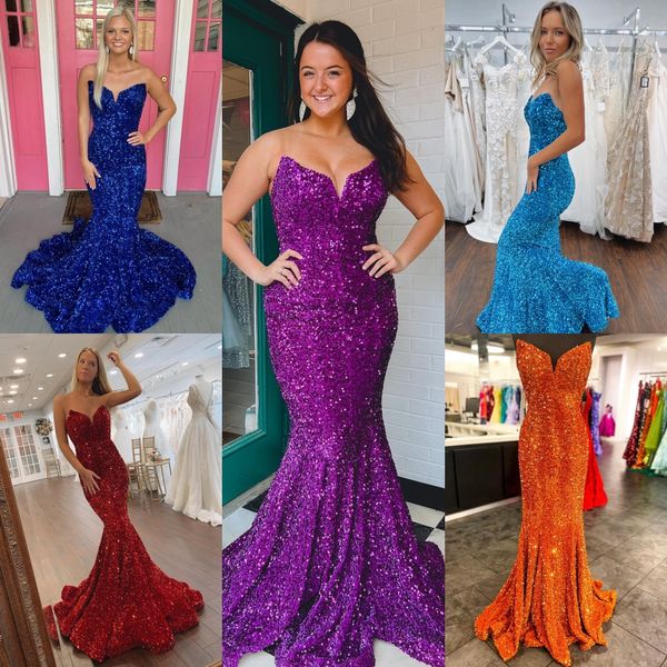 Vestido de graduación de lentejuelas de terciopelo sin tirantes con V cortado brillante Lady Preteen Girl Gown Party Formal Fiest Wedding Invitado Capet Red Runal Royal Purple Red Turq