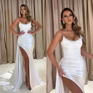 Strapless witte zeemeermin galajurken dij split avondjurk plooien formele lange speciale gelegenheid split backless feestjurk YD