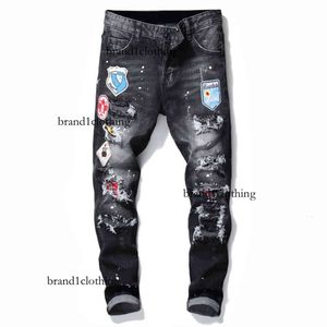 Strappati Distintivi Jeans Neri Elasticizzati Moto en Denim Lavato Slim Fit Alla Moda Da Uomo Pantaloni Hip-hop Avec Pannelli