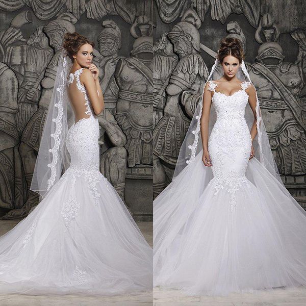 Venta caliente Vestidos de novia de sirena con tren desmontable Apliques de encaje con cuentas Vestidos de novia con espalda transparente Correas espaguetis por encargo