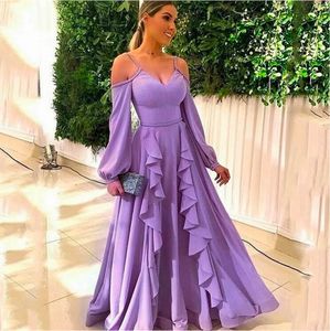 Banden 2021 Spaghetti A-lijn prom-prom kleedt lange mouwen Chiffon van de schouderavond formele jurken Vestidos de Fiesta