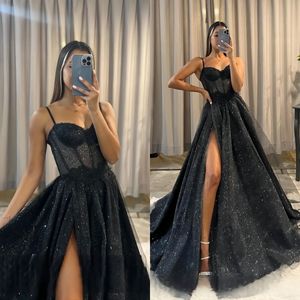 Robe de bal Sexy, corsage en os, paillettes hautes, ligne A, robe de soirée noire, robes de train à balayage pour occasions spéciales