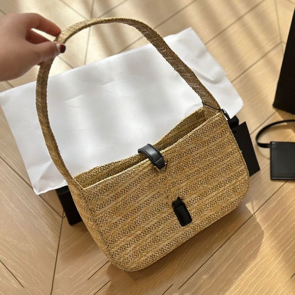 Bolso de paja Hobo Hombro Axila Hombro Bolso de diseñador vintage Bolsos de compras Bolsos cruzados de playa Cartera de cuero para mujer Correa ajustable