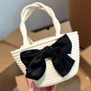 Stro strandtas ontwerper dames zwart bowknot dikke hennep touw handtas crossbody tas schoudertas originele lable mini hobo literaire stijl mobiele telefoon opbergtas