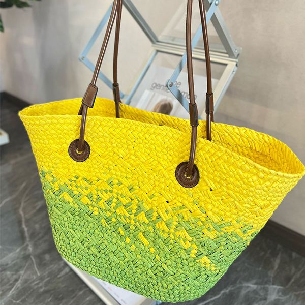 Bolso de mano de playa de paja Bolsos de hombro Bolsos de mujer Tejido liso Impresión de letras de madera Bordado de ganchillo Bolso casual Compartimento interior Correas de cuero