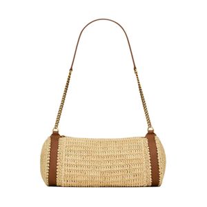 Cadena de bolsas de diseñador de paja Bolsa de playa Mujer bolsos de bolsillo redondo playa bolsas de hombro de cuerpo cruzado Mirror de calidad planta lafita de cuero bronceado bolsos cilíndricos