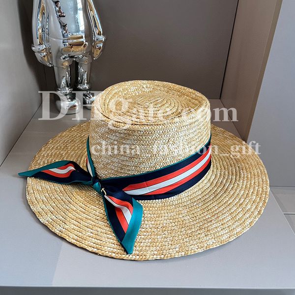 Diseñador de sombrero de paja Raffia Bucket Gat, lujo de verano, sombrero de playa de verano, mujeres, sombrero de paja de seda con listón ancha con ala ancha