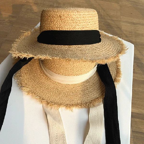 Chapeau de paille à large bord pour femmes, Protection solaire, plage, ruban noir et blanc, casquette à nœud papillon, décontracté, haut plat, Panama, 240309