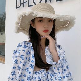 Chapeau de paille Femme Summer Small Fresh Fur Brim grand bord plat Plat Protection Soleil CHAPE DE PLACE VISSAGE CHAPE SORN FORME PANAMA