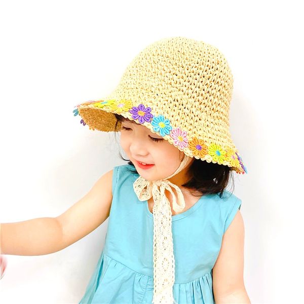 Niños Bucket Hat Flower Mano-tejido Pot Sombrero Plata plegable Correa de encaje Sombrilla Travel Protección solar
