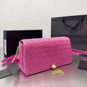 Stro roze ketting kwast hardware flap crossbody envelop ontwerper handtassen strand gehaakte dames schoudertas portemonnee goud