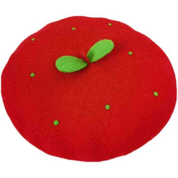 Béret aux fraises avec de jolies feuilles vertes, Kawaii Lolita Girl, chapeau de fruits, casquette en laine faite à la main pour femmes, chapeaux de printemps, d'automne et d'hiver J220722