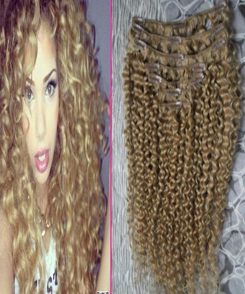 Fraise Blonde crépus bouclés clip dans les extensions de cheveux 100g clip afro-américain dans les extensions de cheveux humains 7pcs mongol crépus cur9601788