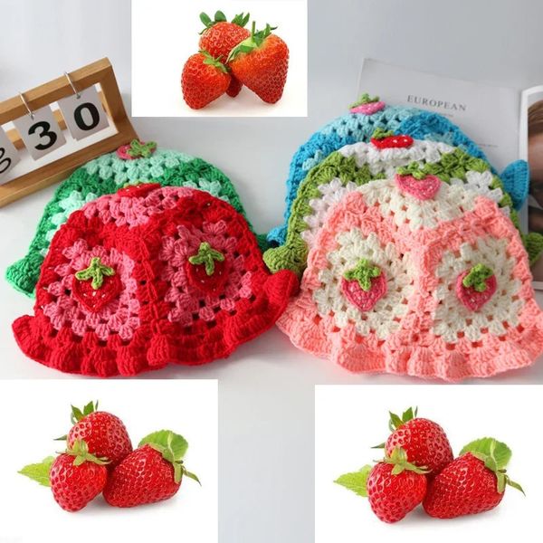 Strawberry Knited Y2k Crochet Hollow Flower Bucket Gat.