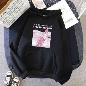 Fraise Soda Imprimer Streetwear Poche Polaire Vintage Vêtements À Capuche Mâle Dessins Animé Harajuku Oversize Sweats À Capuche Anime Sweatshirts H1227