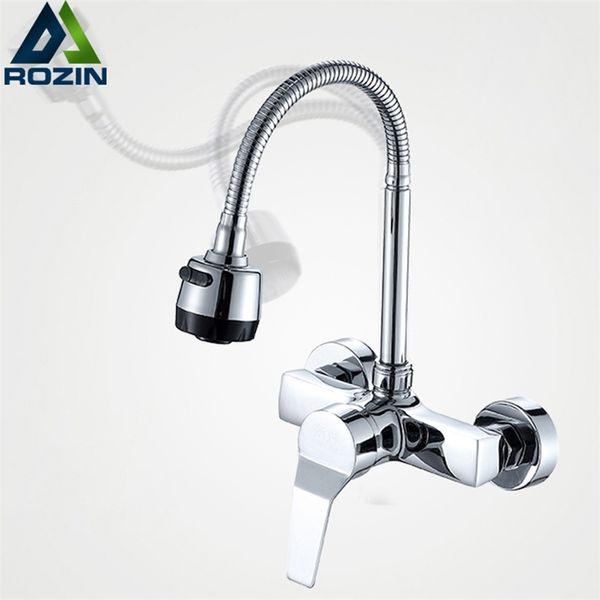 Stream Spray Bubbler Baño Cocina Grifo Montado en la pared Doble orificio y agua fría Tubería flexible Mezclador de cocina 211108