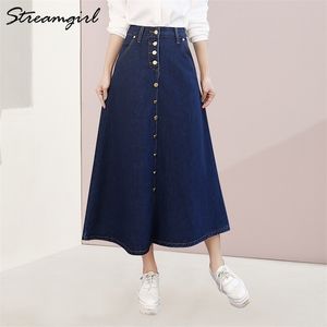 Streamgirl Denim Jupe Femmes Plus La Taille De La Mode Coréenne Long Jeans Jupe Bouton Grand Ourlet Casual Taille Haute Jupes Longues Pour Les Femmes T200324