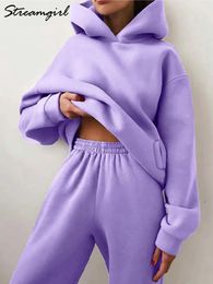 Streamgirl – tenues d'hiver pour femmes, ensemble 2 pièces, sweat à capuche et pantalon de survêtement en polaire, violet, 2023, 240116