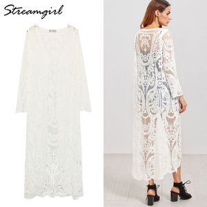 Streamgirl vrouwen lange vest zomer oversize lange mouw strand kant vest wit vrouwelijke casual kimono cardigans zomer 210421