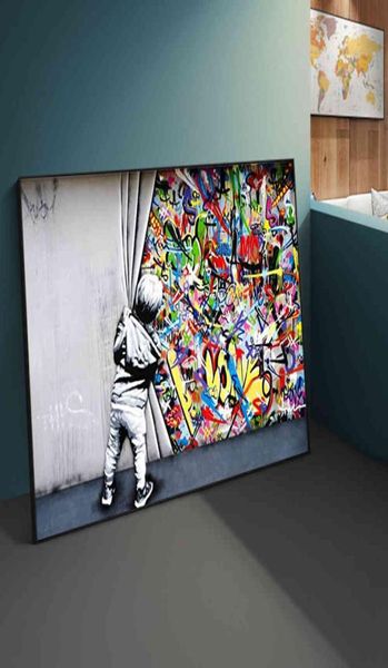 Street Banksy Graffiti detrás de la cortina, pinturas en lienzo, Cuadros, imágenes artísticas de pared para decoración del hogar, sin marco 2757673