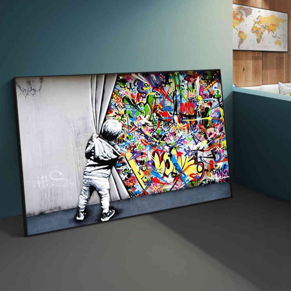 Street Banksy Graffiti Behind The Curtain Canvas Paintings Cuadros Wall Art Pictures for Home Decor No Frame298a
