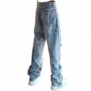 rue derrière lettre jeans américain baggy hip-hop pantalon large fente gothique hip hop pantalon en denim bout à bout hommes punk streetwear a5Aj #