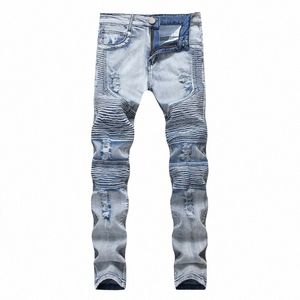 Street BIKER JEANS Marque Persality Hommes Moto Jeans Plissé Slim Crayon Pantalon Haute Élasticité Jeans Européen et Américain i6BS #