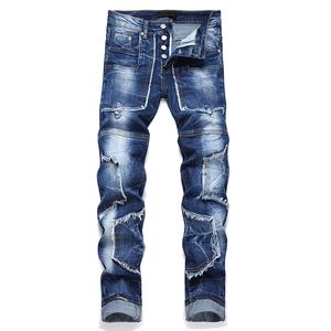 Jeans masculins collage bleu de rue, stretch high street petit pantalon à tendance droite, jean skinny patchwork mince à ajustement
