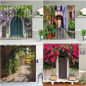 Street Building Scenery Ducha Cortina Flor Planta Retro Old Puerta Verano Paisaje Rural Cortina Cortina Fondo Decoración de Pared 211115