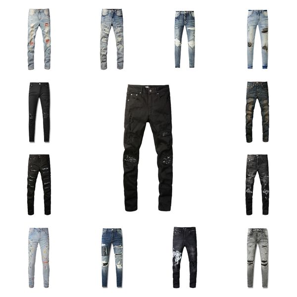 Diseñador de calles Jeans Purple Men Botones Fly Black Stretch elástico Skinny Risk Jeans Botones Fly Hip Hop Brand Pantalones Jeans para mujeres Pantalones blancos Black Religión