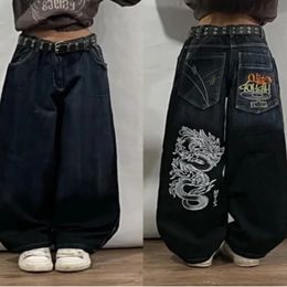 Street Dragon-patroon bedrukte losse jeans voor dames Y2K Baggy Pocket hoog getailleerde rechte wijde pijpen broek casual en veelzijdig 231228