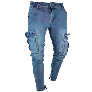 Street Jeans élastiques hommes Denim Cargo pantalon couleur unie Multi poches fermeture éclair inférieure pantalon décontracté coupe ajustée usage quotidien Joggers 1588 #