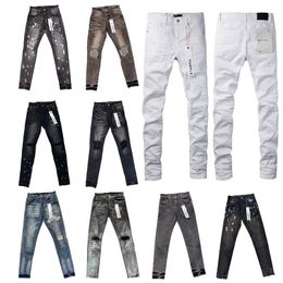 Diseñador de moda de la calle jeans morados hombres Botones Fly Black Stretch Elástico Flaco Jeans rasgados Botones Fly Hip Hop Brand Pantalones jeans para mujeres Pantalones blancos negros