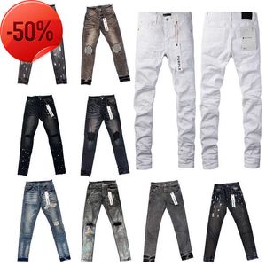 Street Fashion Designer jeans violet hommes boutons Fly noir Stretch élastique maigre déchiré Jeans boutons Fly Hip Hop marque pantalon jeans pour femmes blanc pantalon noir CO