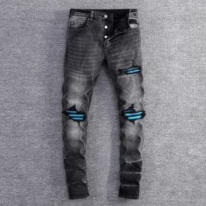 Street Fashion Men Jeans Retro Black Grey Stretch Skinny Fit Ripped Jeans Men Blue Leather Patched Designer Hip Hop Brand Pants 240424
