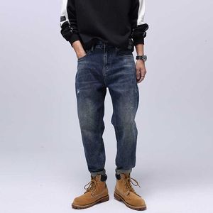 Straat mode mannen jeans retro donkerblauw elastische losse pasvorm casual wijd been gescheurde vintage designer hiphop denim broek