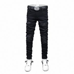 Street Fi Hommes Jeans Noir Élastique Skinny Fit Pantalon Ripped Jeans Hommes En Cuir Patché Designer Hip Hop Marque Pantalon Hombre h8l8 #