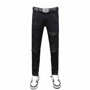 Street Fi Hommes Jeans Noir Stretch Punk Pantalon Skinny Fit Ripped Jeans Perles Patché Designer Hip Hop Marque Pantalons Hommes D4uf #