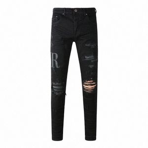 Straat Fi Mannen Jeans Zwart Stretch Skinny Fit Gescheurde Jeans Mannen Butts Fly Leather Patched Designer Hip Hop Merk Broek l6ya #