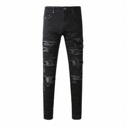 Street Fi Hommes Jeans Haute Qualité Noir Stretch Skinny Fit Ripped Jeans Hommes En Cuir Patché Designer Hip Hop Marque Pantalon l0yA #